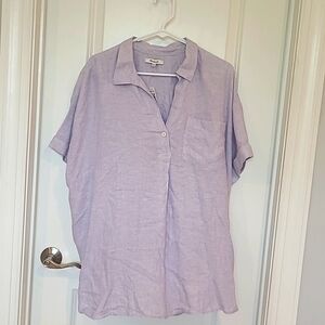 Madewell Linen Short Sleeve Shirt XXL Blueish Grey V-Neck with Single Button